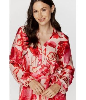 Maxi chemise de nuit femme / robe d'intérieur en viscose fleuri tons de rouge