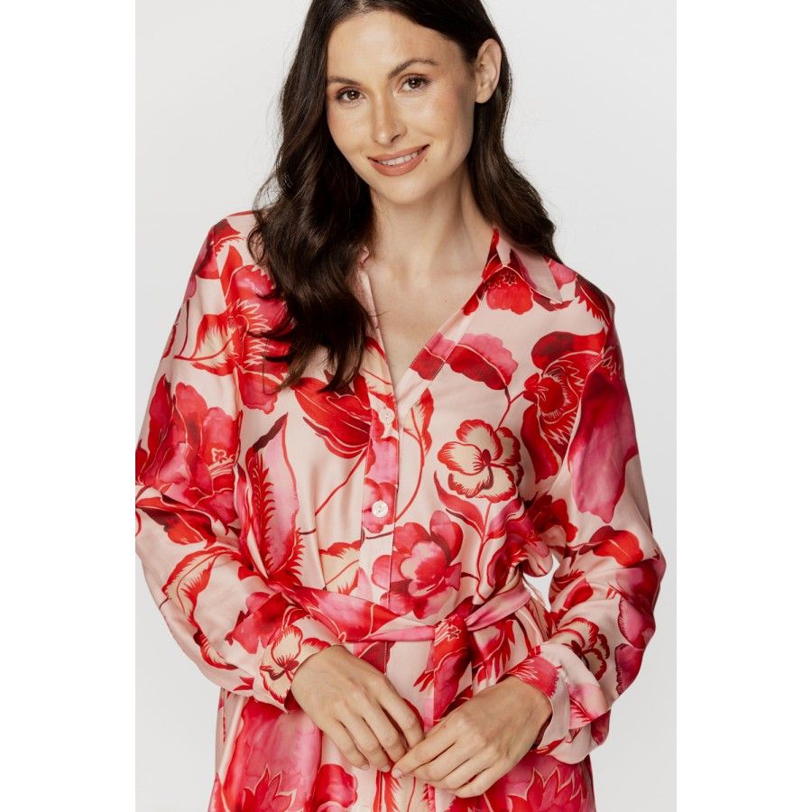 Für Damen: Oversize-Nachthemd/Hauskleid aus Viskose mit Blumenmuster in Rottönen