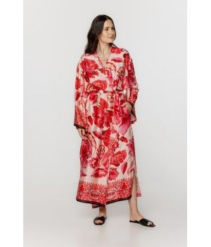 Für Damen: Oversize-Morgenmantel aus Viskose mit Blumenmuster in Rottönen und weiten langen Ärmeln