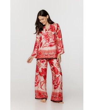 Für Damen: Zweiteiliger Pyjama/Hausanzug aus Viskose mit Blumenmuster in Rottönen