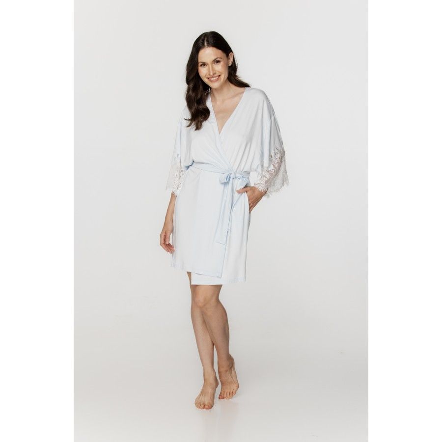 Ladies short dressing gown with loose-fitting, three-quarter-length sleeves, trimmed with lace Ladies short dressing gown with loose-fitting, three-quarter-length sleeves, trimmed with lace