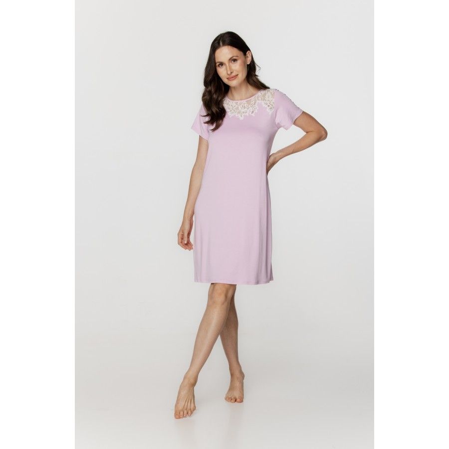 Ladies micromodal and lace T-shirt-style nightdress with short sleeves