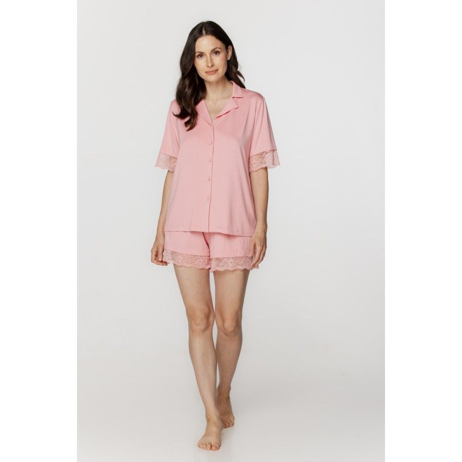 Ensemble de nuit pyjama femme en micromodal et dentelle chemisette et shorty Ensemble de nuit pyjama femme en micromodal et dentelle chemisette et shorty