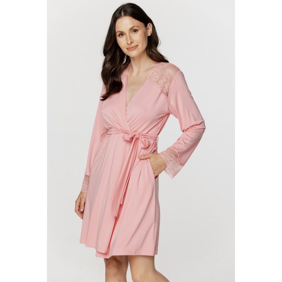 Für Damen: Kurzer Kimono aus Micromodal und Spitze an den Bündchen