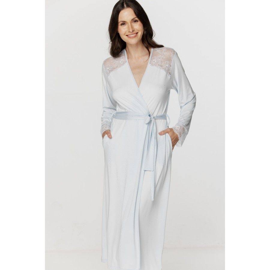 Für Damen: Langer Kimono aus Micromodal mit langen Ärmeln mit Spitzenbesatz