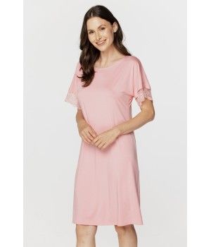 Chemise de nuit femme style tunique manches courtes en micromodal et fine dentelle
