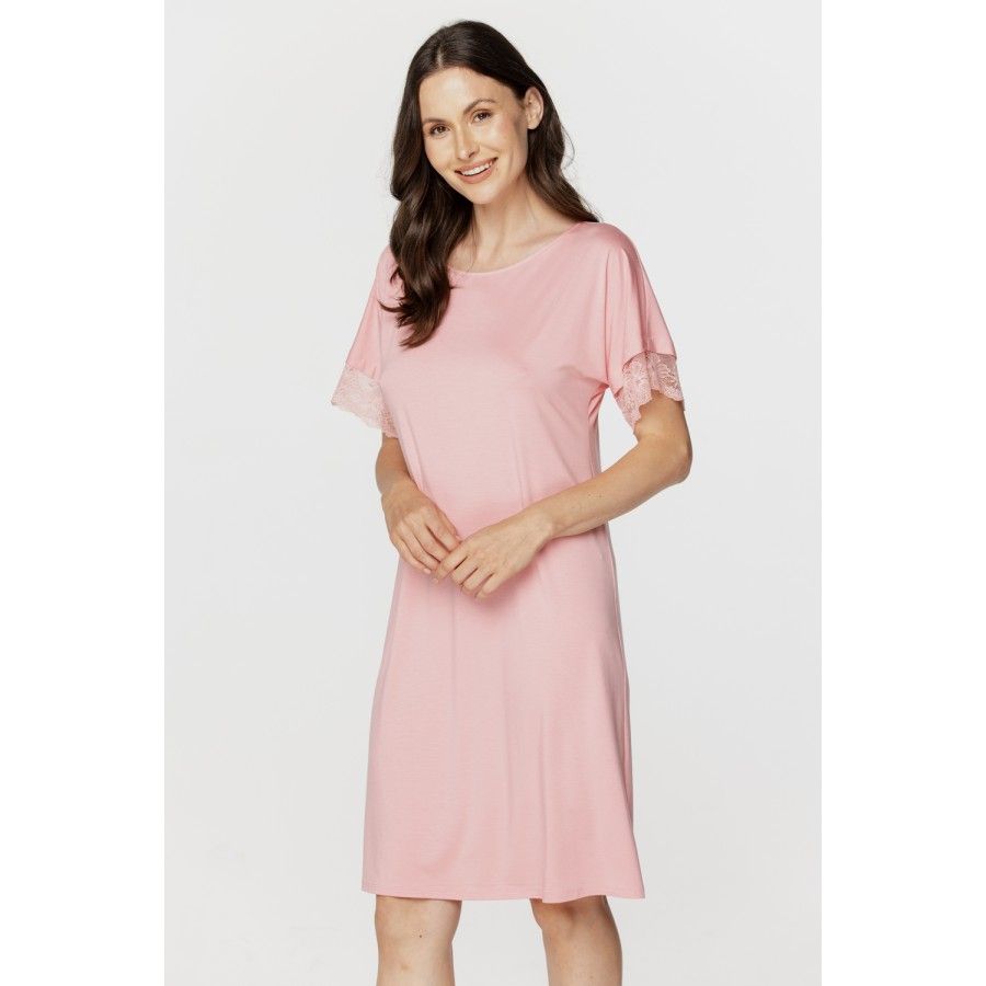 Für Damen: Nachthemd im Tunika-Stil aus Micromodal und Spitze mit kurzen Ärmeln