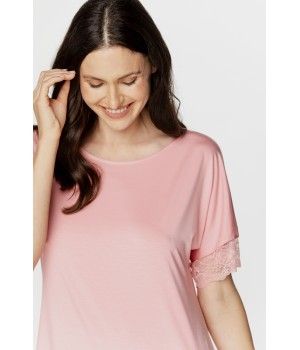 Chemise de nuit femme style tunique manches courtes en micromodal et fine dentelle