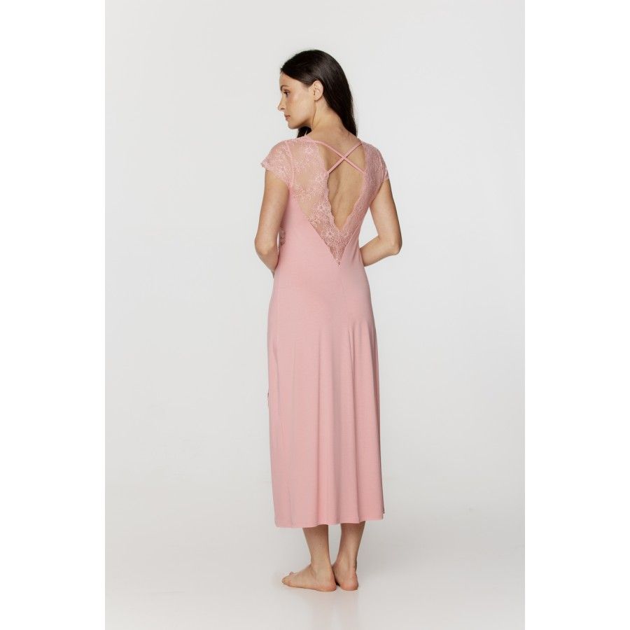Ladies flattering long nightdress in micromodal and lace, with short sleeves