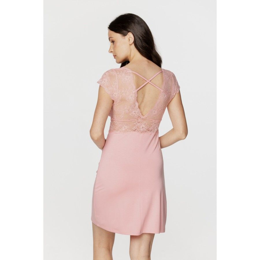 Ladies short-sleeve negligee in micromodal and fine lace