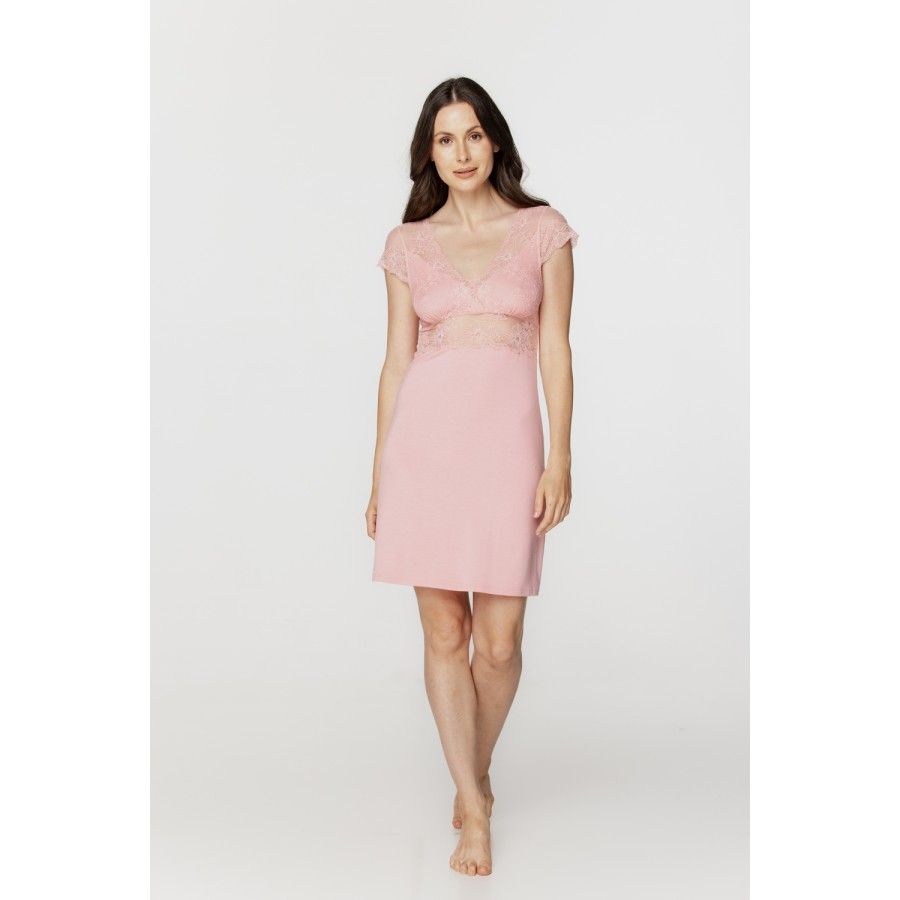 Ladies short-sleeve negligee in micromodal and fine lace