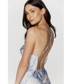Ladies sexy, long nightdress in blue and white printed viscose with thin straps