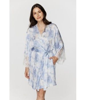Déshabillé femme court en viscose imprimé bleu et blanc, manches amples ourlées de dentelle