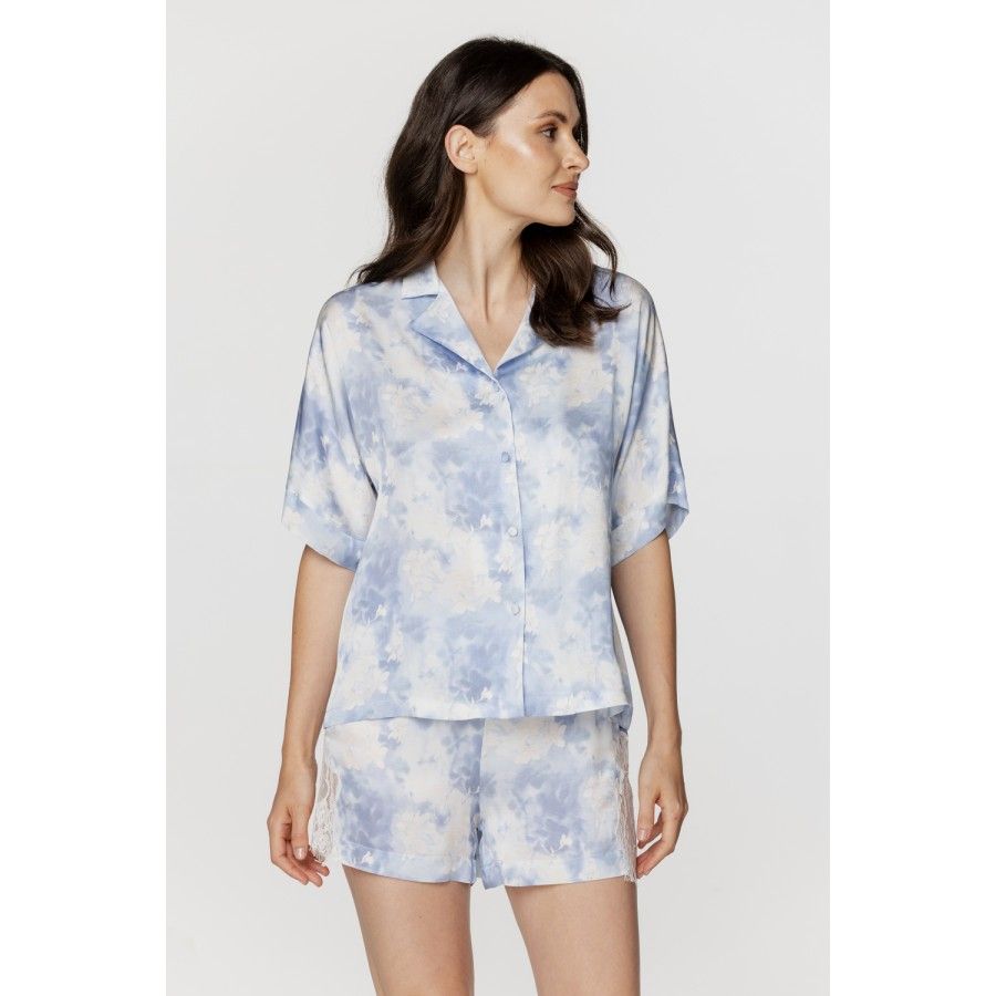 Ensemble pyjama femme en viscose bleu et blanc, haut chemise et short Pyjamas - www.coemi-lingerie.com 