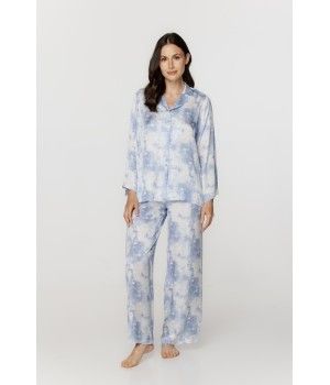 Ensemble pyjama femme ample et long en viscose, imprimé bleu nuage blanc