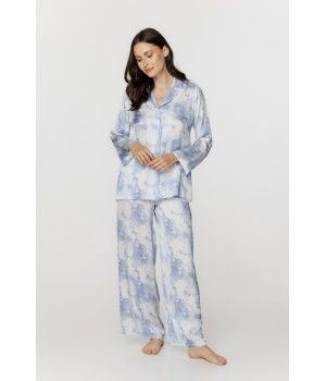 Ensemble pyjama femme ample et long en viscose, imprimé bleu nuage blanc