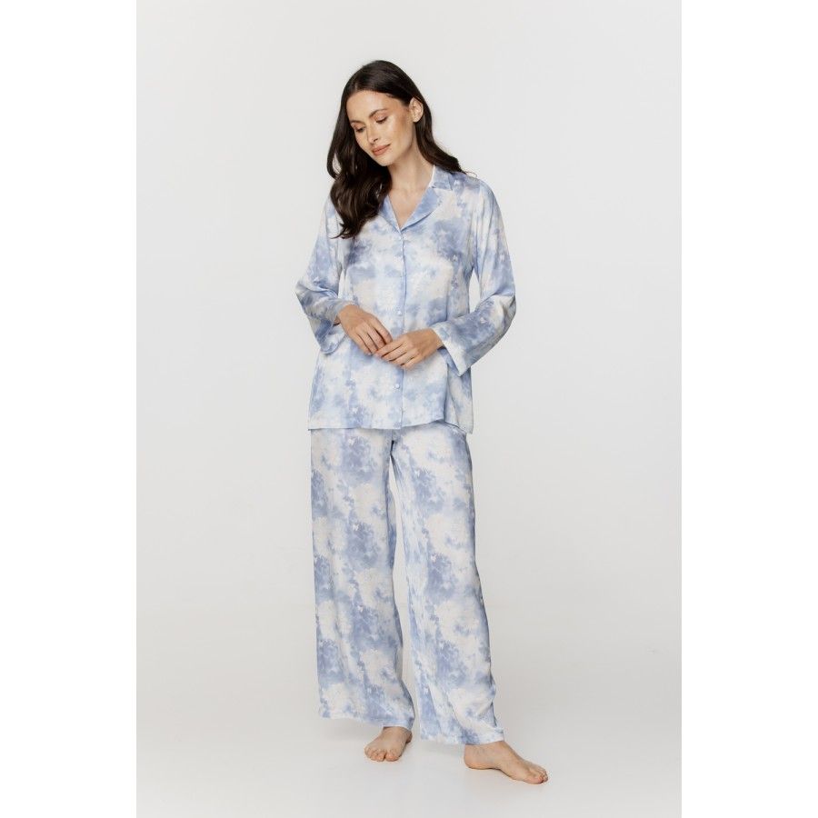 Ensemble pyjama femme ample et long en viscose, imprimé bleu nuage blanc