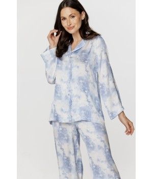 Ensemble pyjama femme ample et long en viscose, imprimé bleu nuage blanc