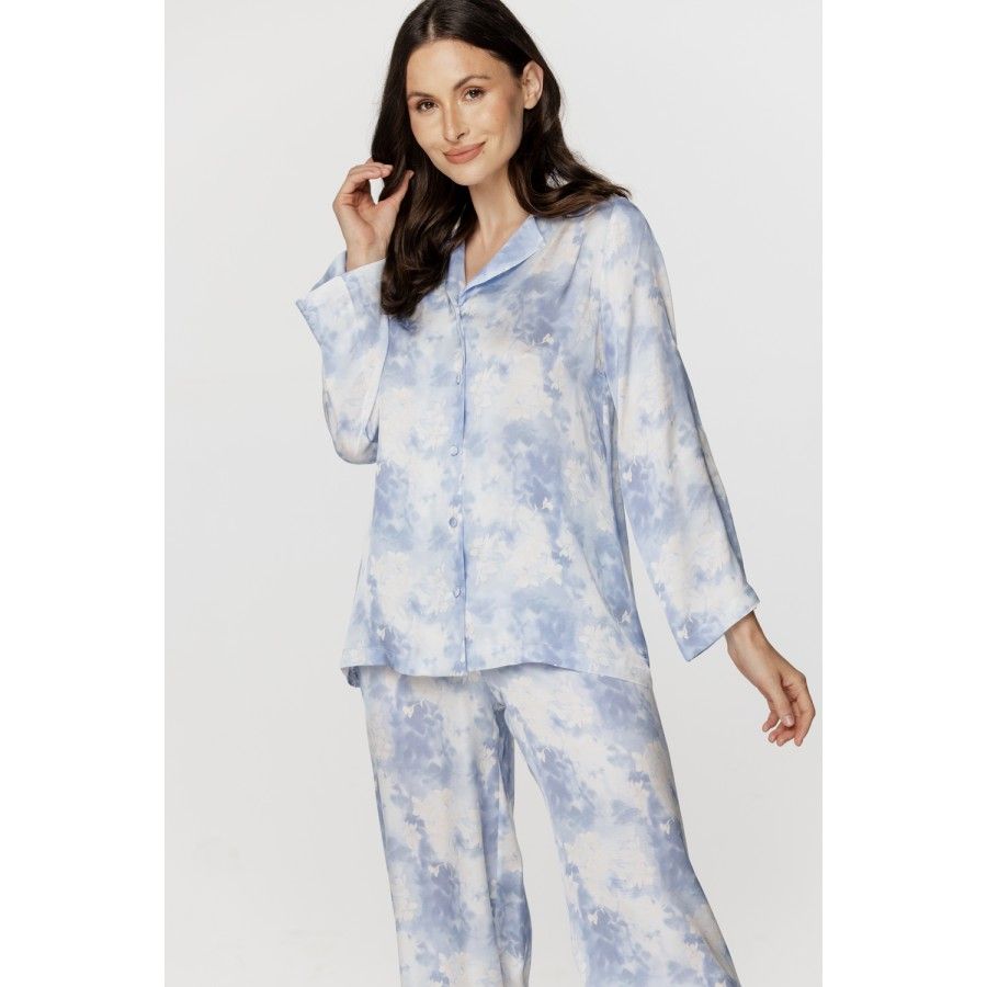 Ensemble pyjama femme ample et long en viscose, imprimé bleu nuage blanc