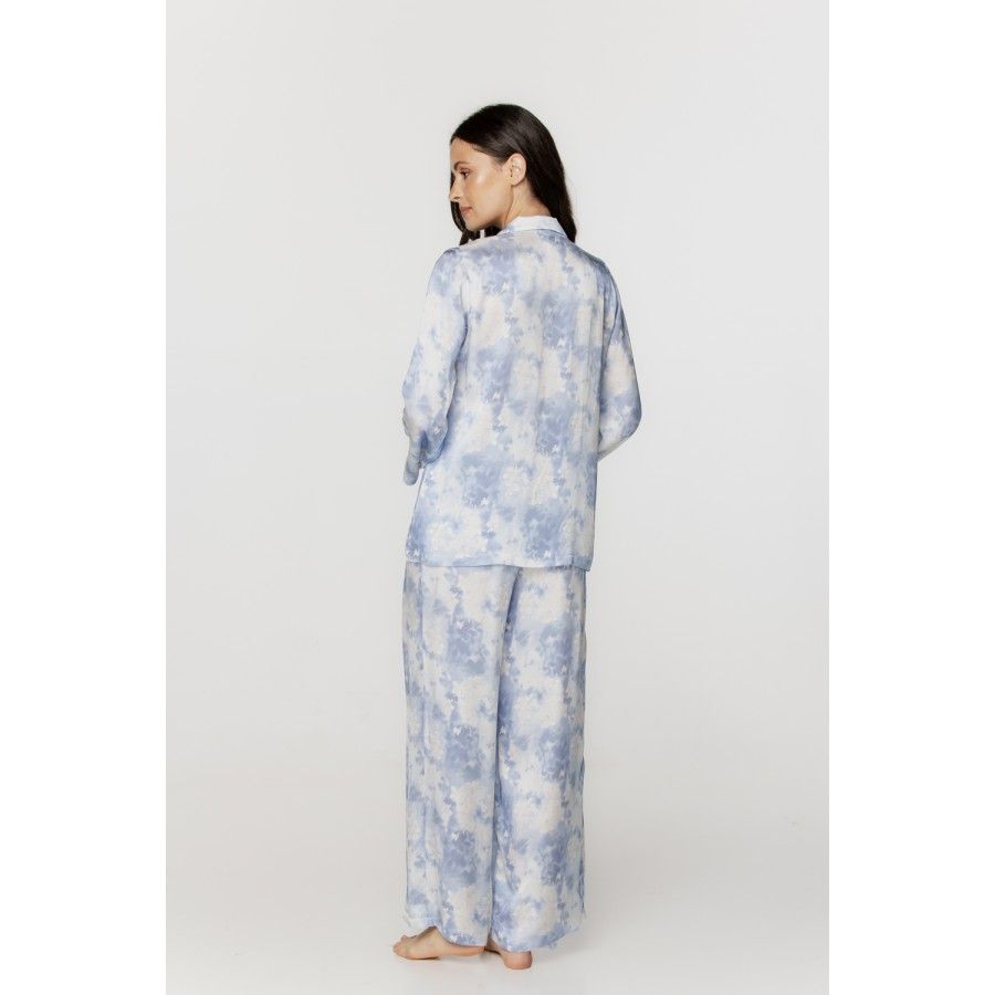 Ensemble pyjama femme ample et long en viscose, imprimé bleu nuage blanc