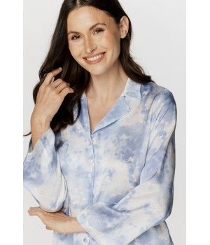 Ensemble pyjama femme ample et long en viscose, imprimé bleu nuage blanc