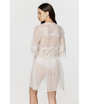 Ladies sexy, floaty, short negligee in tulle and white lace