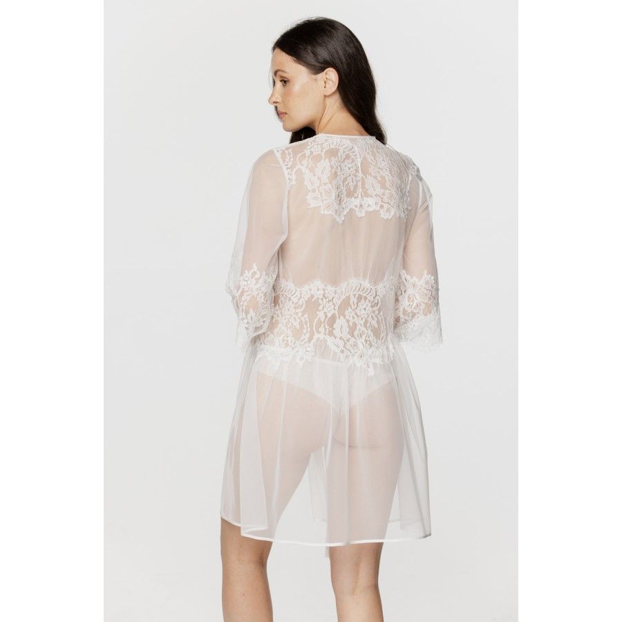 Déshabillé femme sexy, vaporeux et court en tulle et dentelle blanc