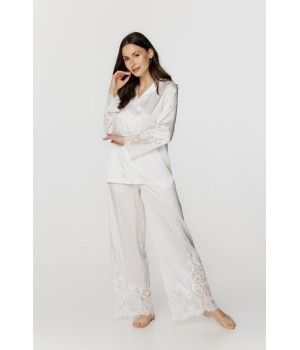 Ensemble pyjama femme en satin blanc et dentelle, haut chemise et pantalon ample