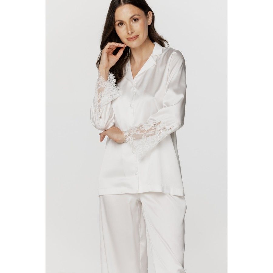 Ensemble pyjama femme en satin blanc et dentelle, haut chemise et pantalon ample