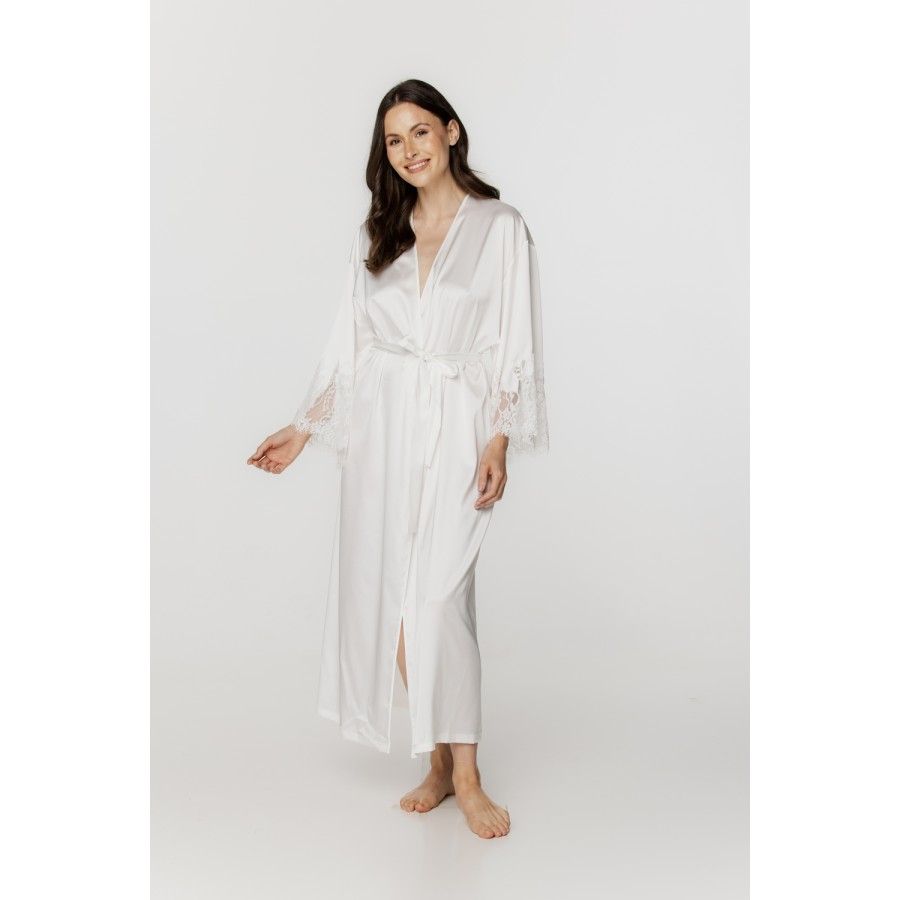 Für Damen: Weiter langer Kimono aus weichem Satin und Spitze in Weiß Für Damen: Weiter langer Kimono aus weichem Satin und Spitze in Weiß