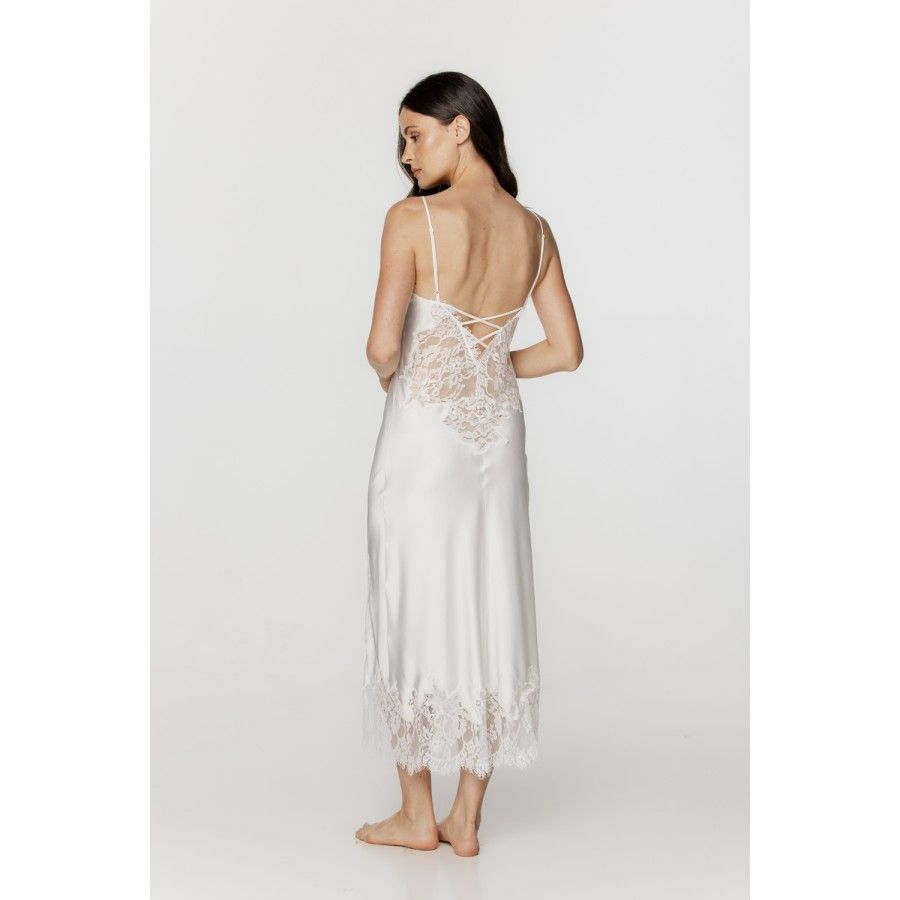 Ladies long nightdress in silky satin and white lace, with thin straps
