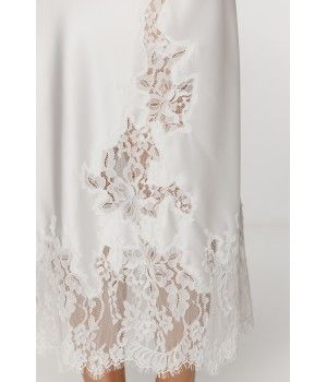 Ladies long nightdress in silky satin and white lace, with thin straps
