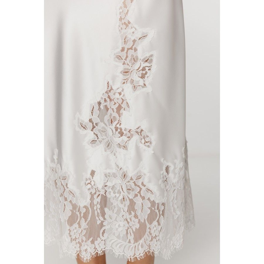 Ladies long nightdress in silky satin and white lace, with thin straps