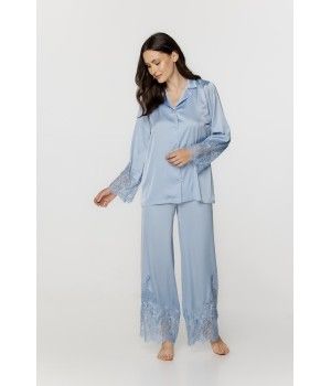 Ensemble pyjama femme en satin soyeux et dentelle bleu ciel Pyjamas - www.coemi-lingerie.com 