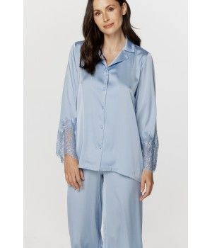 Für Damen: Zweiteiliger Pyjama aus weichem Satin und Spitze in Himmelblau