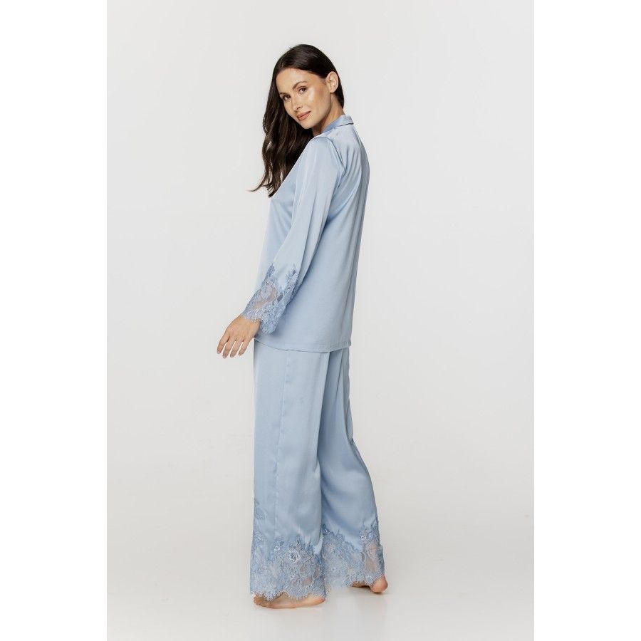 Ensemble pyjama femme en satin soyeux et dentelle bleu ciel Pyjamas - www.coemi-lingerie.com 