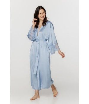 Déshabillé femme long et ample en satin soyeux et dentelle bleu ciel