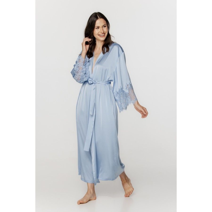 Für Damen: Weiter langer Kimono aus weichem Satin und Spitze in Himmelblau Für Damen: Weiter langer Kimono aus weichem Satin und Spitze in Himmelblau