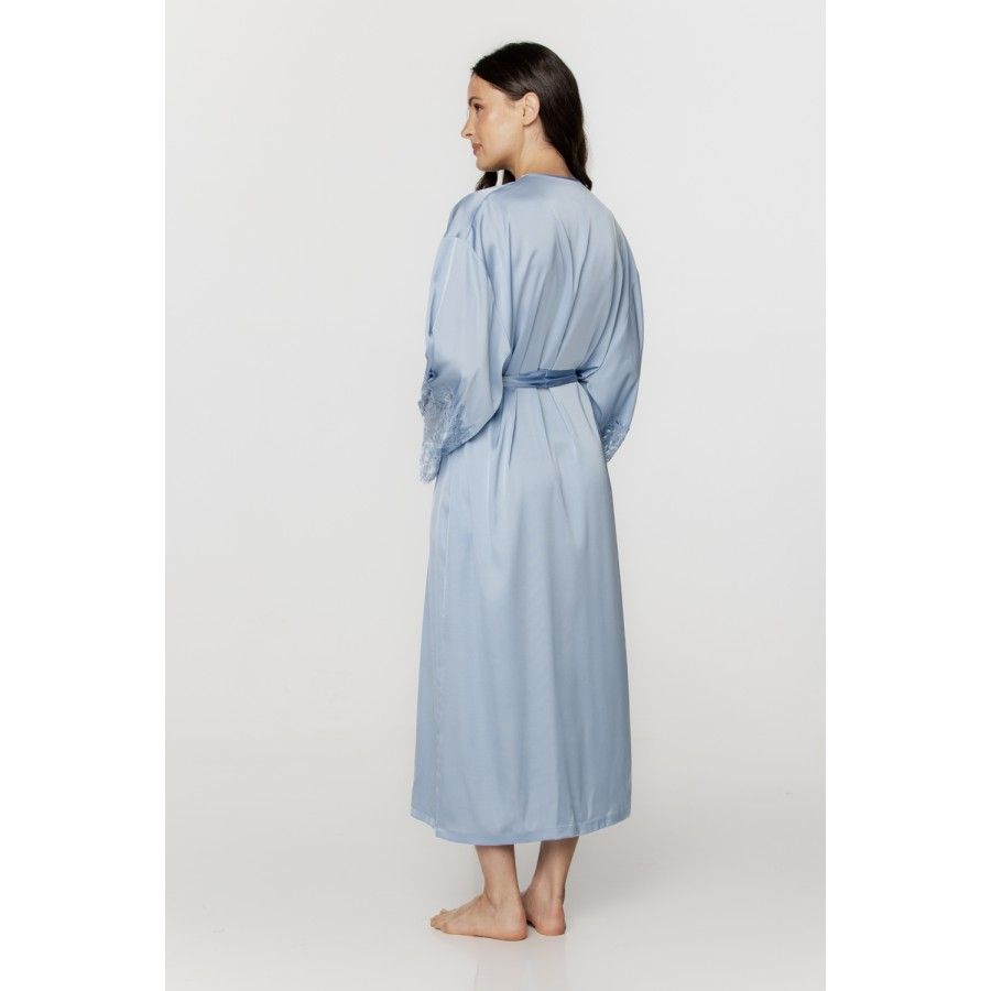 Déshabillé femme long et ample en satin soyeux et dentelle bleu ciel