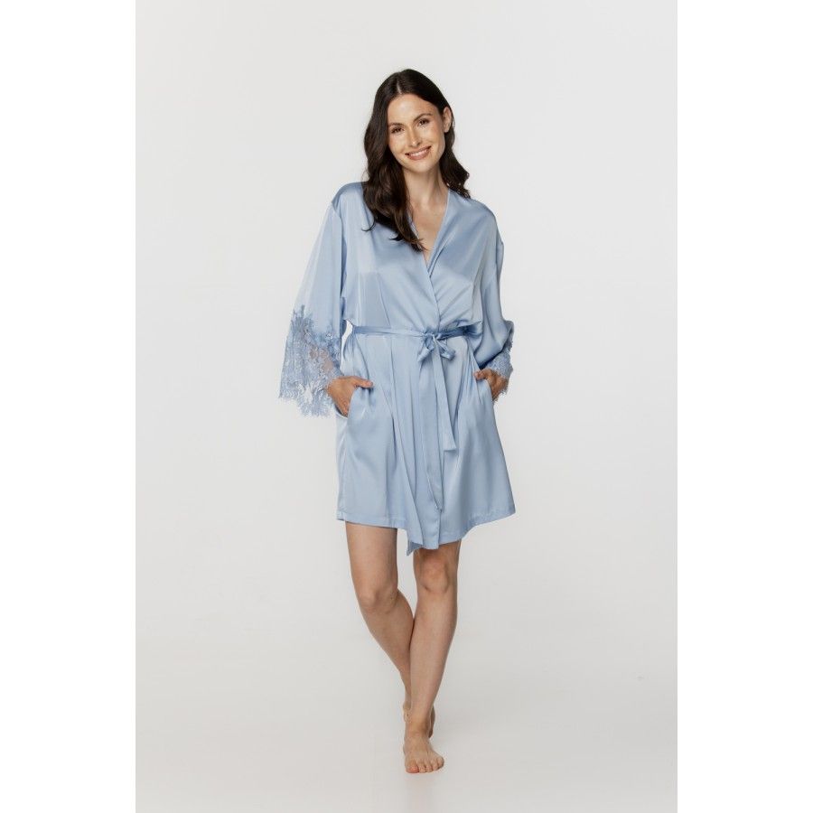 Ladies short dressing gown in silky sky blue satin and lace Ladies short dressing gown in silky sky blue satin and lace