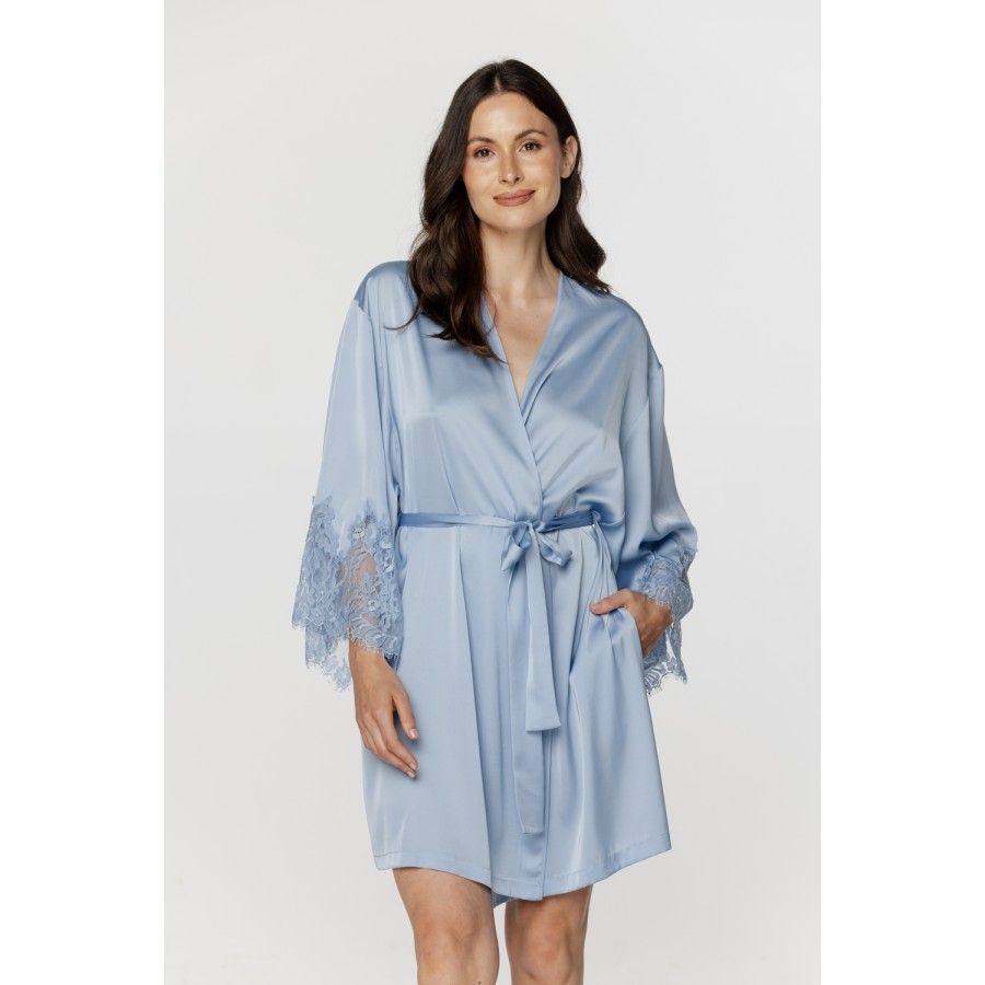 Ladies short dressing gown in silky sky blue satin and lace