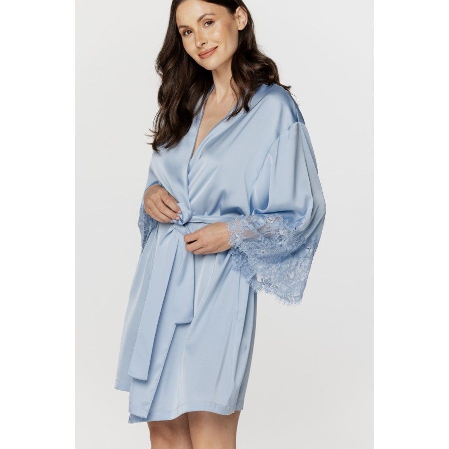 Ladies short dressing gown in silky sky blue satin and lace