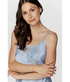 Ladies negligee in sky blue satin and lace with thin, adjustable straps