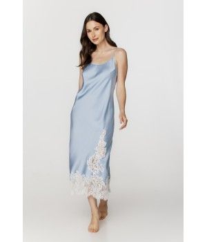 Für Damen: Langes Nachthemd aus himmelblauem Satin und weißer Spitze mit Spaghettiträgern