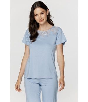 Für Damen: Zweiteiliger Pyjama aus weichem Micromodal und Spitze, Oberteil mit kurzen Ärmeln