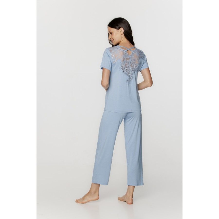 Für Damen: Zweiteiliger Pyjama aus weichem Micromodal und Spitze, Oberteil mit kurzen Ärmeln