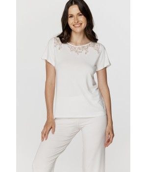 Für Damen: Zweiteiliger Pyjama aus weichem Micromodal und Spitze, Oberteil mit kurzen Ärmeln