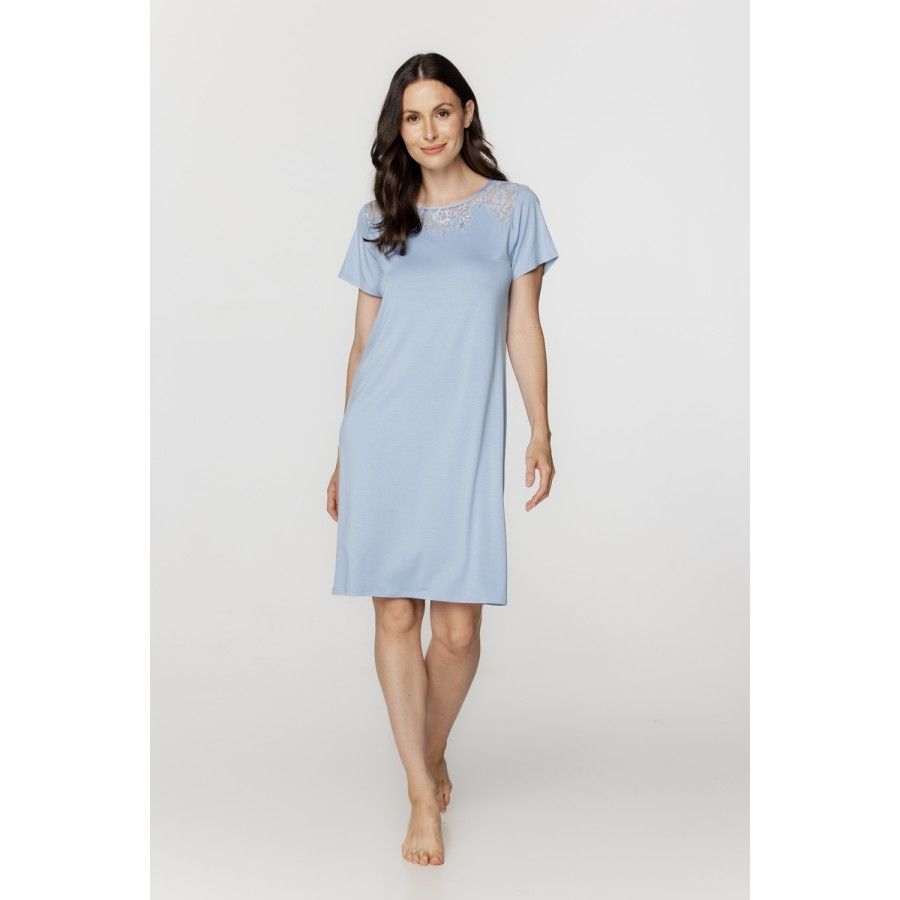 Für Damen: Langes Schlafshirt aus Micromodal und Spitze mit kurzen Ärmeln