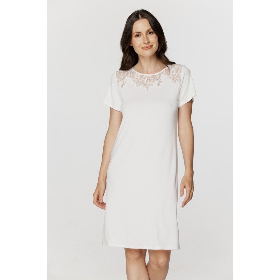 Straight-cut, long-sleeve, T-shirt-style nightdress in micromodal and lace