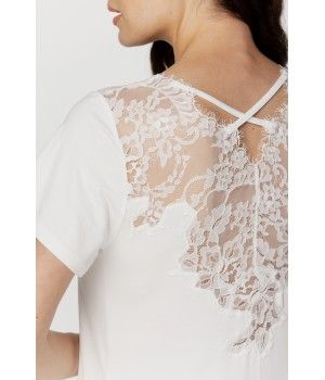 Straight-cut, long-sleeve, T-shirt-style nightdress in micromodal and lace